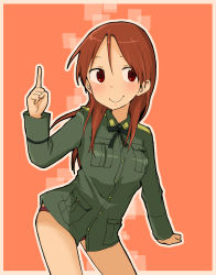 Rule 34 | 1girl, bad id, bad pixiv id, border, bow, bowtie, index finger raised, kumichou (kumichoubox), long hair, military, military uniform, minna-dietlinde wilcke, no pants, orange background, pointing, red eyes, red hair, simple background, smile, solo, strike witches, uniform, world witches series