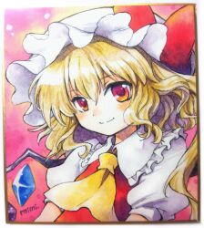 Rule 34 | 1girl, ascot, blonde hair, blush, bow, closed mouth, commentary request, crystal, flandre scarlet, flat chest, gradient background, hat, hat bow, highres, long hair, looking at viewer, medium hair, mimi (ikrptppt), mob cap, one side up, painting (medium), puffy short sleeves, puffy sleeves, red bow, red eyes, red vest, short sleeves, simple background, smile, solo, touhou, traditional media, upper body, very long hair, vest, watercolor (medium), wings, yellow ascot