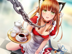 Rule 34 | 1girl, :d, animal ears, apron, arm support, bell, blue ribbon, breasts, cat ears, cat girl, cat tail, chain, cleavage, coffee, coffee cup, coffee pot, collar, cup, disposable cup, dutch angle, game cg, gradient background, hair ribbon, highres, hunie (series), huniepop, jingle bell, kneeling, long hair, looking at viewer, maid, maid apron, milk, momo (huniepop), ninamo, non-web source, on floor, open mouth, ribbon, slave, small breasts, smile, spoon, sugar cube, tail, thighhighs, tray, white ribbon, white thighhighs