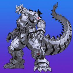 Rule 34 | absurdres, arms at sides, blue background, chinese commentary, claws, commentary request, cyborg, godzilla (series), godzilla against mechagodzilla, highres, kaijuu, kiryu (godzilla), mecha, mechagodzilla, mechanical tail, no humans, onion maru, open mouth, robot, science fiction, sharp teeth, simple background, standing, tail, teeth, toho, yellow eyes