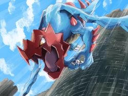 Rule 34 | claws, cloud, commentary request, creatures (company), day, druddigon, falling, game freak, gen 5 pokemon, mukiguri, nintendo, no humans, open mouth, outdoors, pokemon, pokemon (creature), sky, solo, tongue, tower, wind, yellow eyes