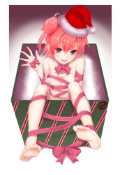 Rule 34 | 1girl, artist request, barefoot, bound, bow, box, breasts, character request, cleavage, copyright request, feet up, gift, gift box, green eyes, hat, highres, looking at viewer, looking up, naked ribbon, no shoes, nude, pink bow, pink ribbon, red hair, ribbon, ribbon bondage, santa hat, short hair, soles, solo, toes
