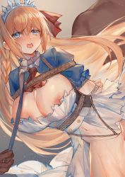 Rule 34 | 1girl, ahoge, areola slip, arms behind back, bdsm, blue eyes, bondage, bottomless, bound, braid, breasts, cleavage, collar, commission, crotch rope, highres, large breasts, leash, long hair, navel, open mouth, orange hair, pecorine (princess connect!), pixiv commission, princess connect!, rope, ryuuji teitoku, solo, tiara, torn clothes, viewer holding leash