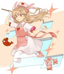 Rule 34 | &gt; &lt;, 1girl, apron, bandaged wrist, bandages, blonde hair, center frills, collared dress, commentary request, dress, frills, full body, hachibemotsu, hair ornament, hat, heart, heart print, holding, long hair, natori sana, nurse cap, open mouth, pink apron, pink hat, pocket, rabbit hair ornament, red eyes, safety pin, sana channel, short sleeves, shrimp, slippers, solo, sparkle, thighhighs, two side up, virtual youtuber, white dress, white thighhighs, window (computing)