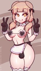 Rule 34 | 1girl, bikini, blonde hair, breasts, bulge, double v, futanari, gloves, highres, long hair, looking at viewer, maid, maid bikini, newhalf, original, panties, re-sublimity-kun, smile, solo, swimsuit, testicles, thighhighs, tongue, tongue out, unconventional maid, underwear, v, yellow eyes