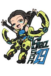 Rule 34 | 1girl, apex legends, armpits, black gloves, black hair, blue tank top, brown eyes, chibi, conduit (apex legends), elbow gloves, exoskeleton, fingerless gloves, gloves, hair behind ear, lich cha, looking at viewer, one eye closed, short hair, simple background, smile, solo, tank top, white background
