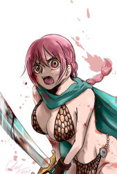 Rule 34 | 1girl, bare shoulders, blood, braid, breasts, cape, female focus, gladiator, gloves, highres, large breasts, long hair, one piece, pink hair, rebecca (one piece), simple background, solo, sword, violence, weapon