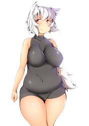 Rule 34 | 1girl, animal ears, bare shoulders, belly, breasts, covered navel, fang, fang out, fat, highres, inubashiri momiji, large breasts, navel, plump, red eyes, shishi juuroku, short hair, simple background, solo, tail, thick eyebrows, thick thighs, thighs, touhou, white background, white hair, wolf ears, wolf tail