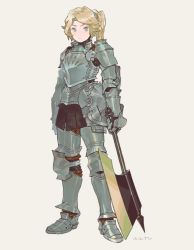 Rule 34 | armor, artist name, axe, blade, blonde hair, blue eyes, character request, closed mouth, collar, copyright request, cuirass, full armor, full body, gloves, grey background, hair ornament, holding, holding axe, holding weapon, knee pads, knight, leg armor, looking at viewer, nanora, original, pauldrons, plate armor, ponytail, shoulder armor, simple background, solo, standing, turtleneck, weapon