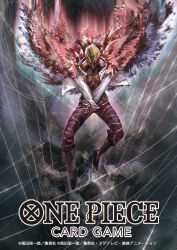Rule 34 | 1boy, blonde hair, coat, commentary request, copyright name, crossed arms, donquixote doflamingo, feather coat, floating clothes, full body, hayaken sarena, male focus, official art, one piece, one piece card game, open clothes, open shirt, pants, pink coat, pink pants, shirt, short hair, solo, string, sunglasses, white shirt