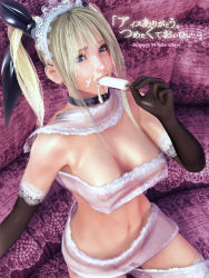 Rule 34 | 1girl, 3d, blonde hair, blue eyes, breasts, cleavage, collar, elbow gloves, female focus, food, gloves, incise soul, large breasts, m-rs, maid, naked ribbon, navel, nipples, nude, popsicle, ribbon, rukia (incise soul), see-through, sexually suggestive, solo, twintails, white day