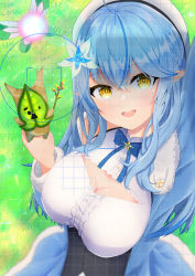 Rule 34 | 1girl, :d, absurdres, ahoge, arm up, bare shoulders, beret, blue bow, blue flower, blue hair, blue jacket, bow, braid, breasts, center frills, cleavage, cleavage cutout, clothing cutout, commentary request, day, flower, frills, fur-trimmed sleeves, fur trim, grass, hair between eyes, hair flower, hair ornament, half updo, hat, highres, holding, hololive, jacket, long hair, long sleeves, looking at viewer, medium breasts, multicolored hair, neko punch (user hddm3373), open clothes, open jacket, open mouth, outdoors, pointy ears, shadow, shirt, sleeveless, sleeveless shirt, smile, streaked hair, very long hair, virtual youtuber, white flower, white headwear, white shirt, yellow eyes, yukihana lamy
