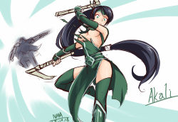 Rule 34 | 1boy, 1girl, akali, akali (legacy), assisted exposure, black hair, breasts, commentary request, green eyes, headband, kama (weapon), league of legends, leg lift, long hair, makeup, mascara, medium breasts, nam (valckiry), sickle, standing, standing on one leg, tearing clothes, torn clothes, very long hair, zed (league of legends)