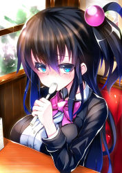 Rule 34 | 1girl, black jacket, blue hair, blush, bombergirl, bow, bowtie, breasts, buttons, collared shirt, dress shirt, eyes visible through hair, furrowed brow, gradient hair, hair between eyes, holding, holding spoon, indoors, jacket, kuro (bombergirl), large breasts, multicolored hair, nose blush, omochishiki, one side up, open clothes, open jacket, pink bow, pink bowtie, shirt, solo, spoon, two-tone hair, white shirt, window
