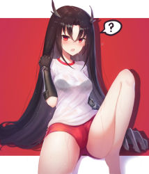 Rule 34 | 1girl, ?, absurdres, alternate costume, android, bare legs, barefoot, black bra, black gloves, black hair, blush, bra, breasts, buruma, claws, collarbone, executioner (girls&#039; frontline), girls&#039; frontline, gloves, hair between eyes, hair intakes, highres, large breasts, long hair, mechanical parts, medium breasts, mons pubis, nai (daiduolaoge), open mouth, red background, red eyes, sangvis ferri, see-through, shirt, sitting, solo, spoken question mark, t-shirt, teeth, thighs, tsurime, underwear, very long hair, wet, wet clothes, wet hair