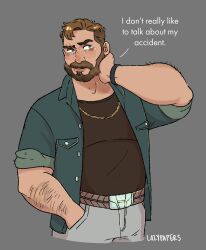 Rule 34 | 1boy, arm hair, averting eyes, bara, beard, belly, blush, brown hair, chain necklace, coral island, cropped torso, facial hair, full beard, hand on own neck, highres, jewelry, kelly yoo (paper machette), large pectorals, male focus, mark (coral island), necklace, pants, pectorals, short hair, shy, smile, solo, thick beard, thick mustache
