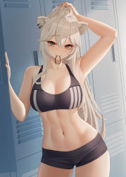 Rule 34 | 1girl, abs, adjusting hair, animal ears, arm up, armpits, black nails, breasts, cleavage, collarbone, commentary request, contrapposto, earrings, grey eyes, hair tie in mouth, hand up, highres, hololive, jewelry, large breasts, lion ears, lion girl, locker, locker room, long hair, looking at viewer, midriff, mouth hold, muscular, muscular female, nail polish, navel, ponytail, revision, shishiro botan, short shorts, shorts, solo, sports bra, sportswear, stomach, very long hair, virtual youtuber, wei xiao, white hair