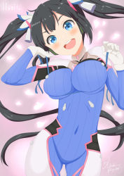 Rule 34 | 1girl, armor, black hair, blue eyes, blush, bodysuit, bracer, breasts, cosplay, covered navel, cowboy shot, crossover, d.va (overwatch), d.va (overwatch) (cosplay), derivative work, dungeon ni deai wo motomeru no wa machigatteiru darou ka, gloves, gluteal fold, grapesoda, groin, hair ornament, hair ribbon, hands up, head tilt, headphones, heart, hestia (danmachi), high collar, highres, large breasts, long hair, long sleeves, long twintails, looking at viewer, open mouth, overwatch, overwatch 1, pauldrons, pilot suit, rei no himo, revision, ribbed bodysuit, ribbon, shoulder armor, shoulder pads, signature, skin tight, smile, solo, teeth, turtleneck, twintails, very long hair, white gloves