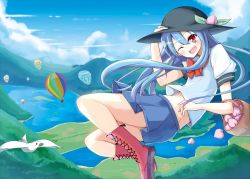 Rule 34 | 1girl, adapted costume, aircraft, bird, blue hair, blush, boots, cross-laced footwear, female focus, flying, food, fruit, hat, highres, hinanawi tenshi, hot air balloon, lake, landscape, long hair, midriff, peach, red eyes, skirt, solo, soramuko, touhou, wink