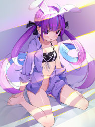 Rule 34 | 1girl, ahoge, alternate costume, angry, animal ears, bare shoulders, barefoot, black bra, black ribbon, blue hair, blush, bra, braid, breasts, cleavage, collarbone, colored inner hair, commentary request, cqingwei, fake animal ears, frilled bra, frills, hair ribbon, highres, hololive, long hair, looking at viewer, medium breasts, minato aqua, multicolored hair, no panties, off-shoulder shirt, off shoulder, open clothes, open mouth, open shirt, purple eyes, purple hair, purple shirt, rabbit ears, ribbon, shirt, sitting, solo, twintails, two-tone hair, underwear, very long hair, virtual youtuber, wariza