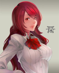 Rule 34 | 1girl, absurdres, bow, bowtie, breasts, closed mouth, collared shirt, eyelashes, eyes visible through hair, hair over one eye, hand on own hip, highres, kirijou mitsuru, large breasts, long hair, looking at viewer, medium breasts, persona, persona 3, red bow, red bowtie, red eyes, red hair, school uniform, shirt, simple background, smile, solo, yuuten