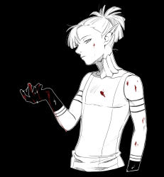 Rule 34 | androgynous, arm tattoo, blood, blood on arm, blood on clothes, blood on hands, closed mouth, cropped torso, dungeon meshi, elf, gloves, gorget, hand up, helki (dungeon meshi), highres, looking at viewer, monochrome, notched ear, pointy ears, ponytail, sideways glance, sleeveless, solo, spot color, suggestive fluid, tattoo, tsy, wet
