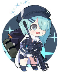 Rule 34 | 1girl, anti-materiel rifle, backpack, bag, black background, black hat, black jacket, blue archive, blue eyes, blue hair, cabbie hat, chibi, commentary request, gun, hair ornament, hair over one eye, hairclip, hat, highres, hiyori (blue archive), holding, holding gun, holding weapon, jacket, long hair, long sleeves, looking away, nyaru (nyaru 4126), open mouth, outside border, pleated skirt, rifle, round image, scope, side ponytail, skirt, sleeves past wrists, smoke, smoking barrel, sniper rifle, solo, sparkle, sweat, two-tone background, wavy mouth, weapon, white background, white skirt, wide sleeves