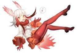 Rule 34 | 1girl, bahao diqiu, bird tail, bird wings, black footwear, blunt bangs, blush, breasts, commentary, empty eyes, feather-trimmed sleeves, floating, full body, fur collar, gloves, head wings, high heels, highres, japanese crested ibis (kemono friends), kemono friends, legs, legs up, long sleeves, looking at viewer, medium breasts, multicolored hair, musical note, neck ribbon, open hands, open mouth, orange skirt, pantyhose, red gloves, red hair, red pantyhose, red ribbon, ribbon, shirt, short hair, short hair with long locks, sidelocks, simple background, sitting, skirt, smile, solo, spoken musical note, symbol-only commentary, tail, white background, white hair, white shirt, wings, yellow eyes