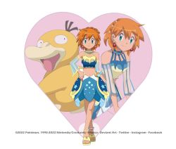 Rule 34 | 1girl, absurdres, aqua eyes, bare shoulders, blush, breasts, closed mouth, creatures (company), detached sleeves, earrings, eyelashes, game freak, gen 1 pokemon, green eyes, highres, jewelry, looking at viewer, misty (pokemon), misty (sygna suit) (pokemon), navel, neica, nintendo, official alternate costume, orange hair, pokemon, pokemon masters ex, psyduck, shirt, short hair, skirt, smile, solo