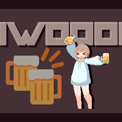 Rule 34 | 1girl, alcohol, animated, animated gif, aqua sweater, bare legs, beer, beer mug, brown background, brown hair, closed eyes, cup, drawstring, long sleeves, looping animation, lowres, mug, original, pixel art, short hair, solo, sotie, standing, standing on one leg, sweater, wide shot