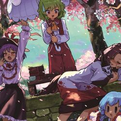 Rule 34 | 4girls, animal ears, arm up, ascot, bench, bento, black eyes, black headwear, black skirt, blue hair, blush, bottle, bow, bowl, bowtie, brown hair, buttons, capelet, cherry blossoms, chopsticks, clenched hand, closed eyes, collared vest, commentary request, cropped, day, dress, drill hair, drooling, dutch angle, falling petals, fins, floral print, flower, frilled ascot, frilled capelet, frilled shawl, frilled skirt, frilled sleeves, frills, green hair, green kimono, hagoromo, half-closed eyes, hand on own cheek, hand on own face, hat, hat bow, hat ribbon, head fins, holding, holding umbrella, howhow notei, hugging object, imaizumi kagerou, japanese clothes, kazami yuuka, kimono, long dress, long hair, long sleeves, looking at another, medium skirt, mouth drool, multiple girls, nagae iku, nervous smile, nose blush, open clothes, open mouth, open vest, outdoors, outstretched arm, pants, parasol, parted lips, petals, pink flower, plaid, plaid vest, purple hair, red bow, red bowtie, red dress, red eyes, red pants, red ribbon, red vest, ribbon, sake bottle, second-party source, shawl, shirt, short hair, skirt, sky, sleeping, smile, soaking feet, solid oval eyes, spring (season), sweatdrop, tail, touhou, tree, two-tone dress, umbrella, vest, wakasagihime, wavy hair, white capelet, white dress, white shirt, white umbrella, wolf ears, wolf tail, yawning, yellow ascot