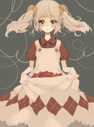 Rule 34 | 1girl, clothes lift, dress, dress lift, food, fruit, green eyes, highres, monorino, original, silver hair, solo, strawberry, twintails