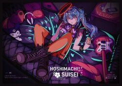 Rule 34 | 1girl, absurdres, black dress, black shorts, blue hair, boots, cellphone, character name, commentary, computer, copyright name, couch, cross-laced footwear, crossed legs, cup, dress, english text, full body, guitar, halo, headphones, heart, highres, hololive, hoshimachi suisei, hoshimachi suisei (streetwear), indoors, instrument, laptop, long hair, looking at viewer, lying, nox (inferno foci), on back, orange eyes, orange pantyhose, orange ribbon, pantyhose, phone, pillow, ribbon, short sleeves, shorts, side ponytail, sitting, smartphone, solo, stuffed toy, table, virtual youtuber