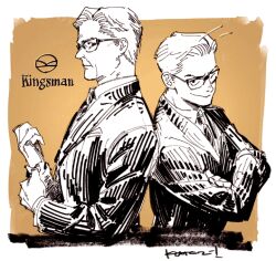 Rule 34 | 2boys, brown background, formal, gary unwin, glasses, greyscale with colored background, harry hart, jacket, kingsman: the secret service, kotteri, looking at viewer, male focus, multiple boys, profile, short hair, smile, suit, upper body