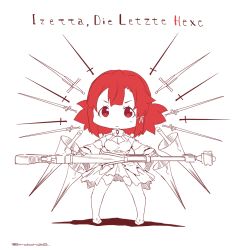 Rule 34 | 10s, 1girl, anti-materiel rifle, breasts, chibi, cleavage, copyright name, female focus, german text, gun, izetta, lance, lineart, looking at viewer, monochrome, mudou eichi, no nose, polearm, red eyes, red hair, rifle, shadow, shuumatsu no izetta, sniper rifle, solo, spot color, sword, thighhighs, translated, twitter username, weapon, white background