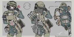 Rule 34 | 1girl, ?, angry, arm behind back, army, assault rifle, backpack, bag, black gloves, blue eyes, buckle, combat medic, first aid kit, gloves, goggles, goggles on head, gun, helmet, highres, long sleeves, looking at viewer, magazine (weapon), mask, medic, military uniform, mouth mask, original, outside border, pants, rifle, smile, snap-fit buckle, solo, standing, suihei (foltheck), uniform, weapon
