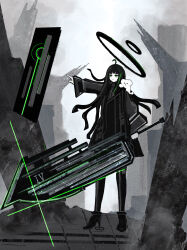 1girl absurdres black_hair coat floating green_eyes halo highres huge_weapon long_hair original outdoors riz_kira roman_numeral serious solo spot_color weapon