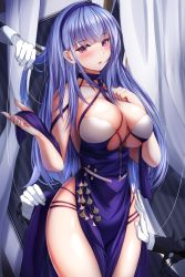 Rule 34 | 1girl, azur lane, bare shoulders, blue dress, blush, breasts, cleavage, collarbone, criss-cross halter, dido (anxious bisque doll) (azur lane), dido (azur lane), disembodied limb, dress, hairband, halter dress, halterneck, hands on another&#039;s thigh, highres, large breasts, long hair, looking at viewer, multiple hands, open mouth, purple dress, purple eyes, purple hairband, side slit, silver hair, thighs, tiri man