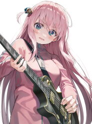 Rule 34 | 1girl, blue eyes, blush, bocchi the rock!, cube hair ornament, electric guitar, gotoh hitori, guitar, hair ornament, highres, holding, holding instrument, huwari (dnwls3010), instrument, jacket, long hair, long sleeves, music, open mouth, pink hair, pink jacket, playing instrument, simple background, solo, white background, zipper