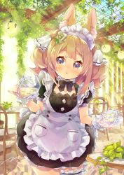 Rule 34 | 1girl, :o, animal ears, apron, black bow, black dress, bow, breasts, bridal garter, brown hair, chair, collarbone, commentary request, cup, day, dress, ech, flower, frilled apron, frills, green flower, green rose, hair flower, hair ornament, highres, holding, looking at viewer, maid, maid headdress, original, outdoors, parted lips, pleated dress, puffy short sleeves, puffy sleeves, purple eyes, rabbit ears, rose, saucer, short sleeves, small breasts, solo, table, teacup, teapot, transparent, white apron, wooden table