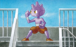 Rule 34 | blue sky, clenched hands, closed mouth, creature, creatures (company), day, fighting stance, full body, game freak, gen 2 pokemon, horns, legs apart, looking away, looking to the side, nakai mina, nintendo, no humans, official art, outdoors, pokemon, pokemon (creature), pokemon tcg, serious, sky, solo, stairs, standing, third-party source, tyrogue, yellow eyes