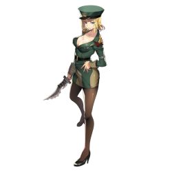 Rule 34 | 1girl, belt, blonde hair, blue eyes, breasts, cleavage, dagger, full body, hat, high heels, knife, military, military hat, military uniform, milla bachtein, official art, solo, star ocean, star ocean the last hope, thighhighs, transparent background, uniform, weapon