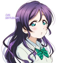 Rule 34 | 1girl, 2019, anibache, blue eyes, blush, bow, bowtie, collared shirt, dated, dress shirt, floating hair, green bow, green bowtie, hair between eyes, long hair, love live!, love live! school idol project, open mouth, purple hair, school uniform, shirt, solo, striped bow, striped bowtie, striped clothes, striped neckwear, tojo nozomi, transparent background, upper body, very long hair, white shirt, wing collar