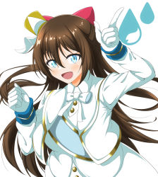 Rule 34 | 1girl, absurdres, aqua eyes, aqua sash, artist name, artist request, blue eyes, blush, bow, bowtie, breasts, brown hair, buttons, clenched hand, coattails, collared dress, cropped vest, dress, female focus, floating hair, gloves, gradient skirt, hair between eyes, hair bow, hat, high ponytail, highres, long hair, long sleeves, looking at viewer, love live!, love live! nijigasaki high school idol club, love live! school idol festival, mini hat, mini top hat, miniskirt, nijiiro passion!, nijiiro passions! (love live!), osaka shizuku, parted lips, plaid, plaid dress, pleated, pleated dress, pointing, pointing at viewer, ponytail, rainbow-colored passions!, raindrop print, red bow, shako cap, skirt, skirt under dress, small breasts, smile, solo, top hat, upper body, vest, wavy hair, white background, white bow, white dress, white gloves, white vest, wing collar