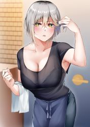 Rule 34 | 1girl, absurdres, apron, armpits, black shirt, blurry, blurry background, blush, bra visible through clothes, breasts, cleavage, collarbone, commentary request, denim, doorway, ear piercing, grey hair, hair between eyes, highres, indoors, jeans, large breasts, len (hand linke), looking at viewer, open mouth, original, pants, piercing, shirt, short hair, sleeveless, sleeveless shirt, standing, sweat, towel, yellow eyes
