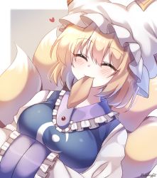 Rule 34 | 1girl, animal hat, artist name, bad id, bad pixiv id, blonde hair, breasts, closed eyes, dress, fox tail, frilled dress, frilled hat, frilled shirt collar, frilled sleeves, frills, grey background, hair between eyes, hat, heart, highres, jewelry, long sleeves, medium breasts, mob cap, mouth hold, multiple tails, pudding (skymint 028), short hair, signature, simple background, solo, tabard, tail, touhou, upper body, white frills, white hat, yakumo ran