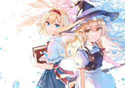 2girls absurdres alice_margatroid apron black_hat black_skirt black_vest blonde_hair blue_dress blue_eyes book bow braid capelet closed_mouth collared_shirt commentary_request dress frilled_hairband frilled_sash frills hair_bow hairband hat hat_bow highres holding holding_book ibushi_roun kirisame_marisa lolita_hairband long_hair looking_at_viewer multiple_girls puffy_short_sleeves puffy_sleeves red_eyes red_hairband red_sash sash shirt short_sleeves side_braid single_braid skirt smile touhou vest waist_apron waist_sash white_apron white_bow white_capelet white_shirt witch_hat yellow_eyes