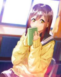 Rule 34 | 1girl, black pantyhose, black sailor collar, black skirt, blurry, blurry background, blush, book, brown hair, cardigan, chair, closed mouth, commentary request, curtains, day, depth of field, folding chair, hands up, holding, holding book, indoors, kunikida hanamaru, long hair, long sleeves, looking at viewer, love live!, love live! sunshine!!, marshall (wahooo), on chair, pantyhose, pleated skirt, sailor collar, signature, sitting, skirt, sleeves past wrists, smile, solo, sunlight, window, yellow cardigan, yellow eyes