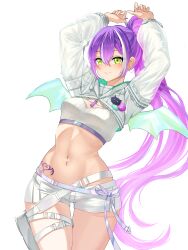Rule 34 | 1girl, absurdres, arms up, bandeau, belt, braid, braided bangs, breasts, buckle, buyange, character name, chest strap, commentary request, contrapposto, cowboy shot, demon wings, ear piercing, french braid, gradient hair, green eyes, grin, high ponytail, highres, hip tattoo, hololive, hooded shrug, korean commentary, long hair, long sleeves, looking at viewer, medium breasts, midriff, multicolored hair, navel, navel piercing, piercing, pink hair, ponytail, pouch, purple hair, ribbed bandeau, ribbon, see-through, see-through sleeves, short shorts, shorts, simple background, smile, snap-fit buckle, solo, stomach, streaked hair, thigh belt, thigh gap, thigh pouch, thigh strap, tokoyami towa, tokoyami towa (5th costume), very long hair, virtual youtuber, white background, white bandeau, white belt, white hair, white ribbon, white shorts, white shrug, white tail, white wings, wide hips, winged heart tattoo, wings, zipper pull tab