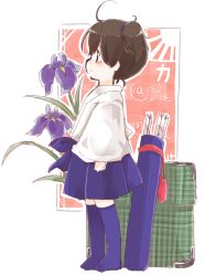 Rule 34 | 10s, 1girl, aged down, aircraft, airplane, arrow (projectile), blue thighhighs, blush, brown eyes, brown hair, child, flower, japanese clothes, kaga (kancolle), kantai collection, kenoka, pleated skirt, quiver, short hair, side ponytail, simple background, skirt, solo, thighhighs, zettai ryouiki